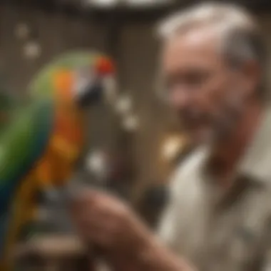 A close-up of a breeder inspecting a parrot in a well-maintained aviary.