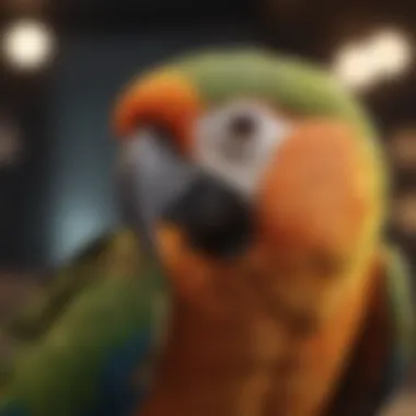 A collection of parrot care items including toys, cages, and food.