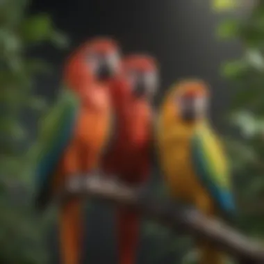 Colorful parrots perched on branches