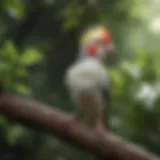 A vibrant cockatiel perched on a branch surrounded by greenery