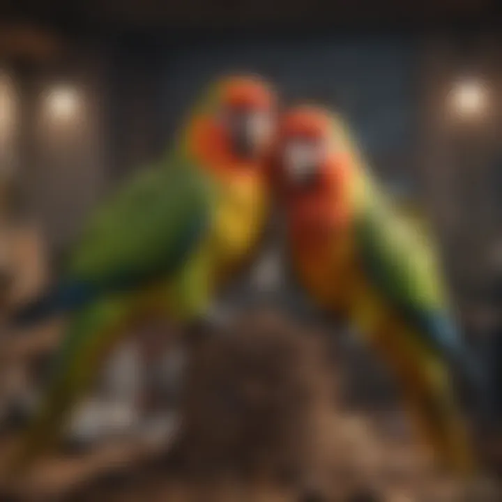 Healthy parrots interacting in a well-designed breeding environment