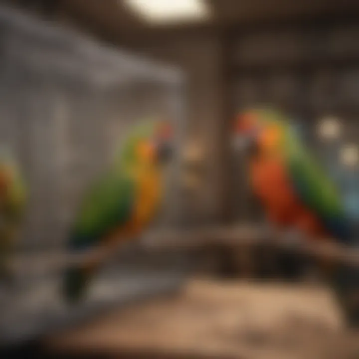 Interior view of parrot breeding cage showcasing nesting area