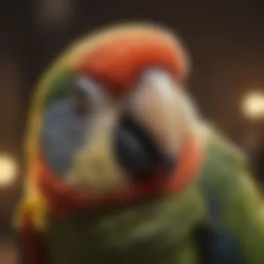 Close-up of a parrot's facial expression during boing behavior.