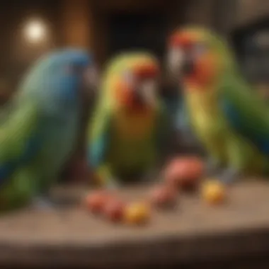 Social Interaction through Boing Behavior A parrot engaging in boing with other parrots in a social setting.