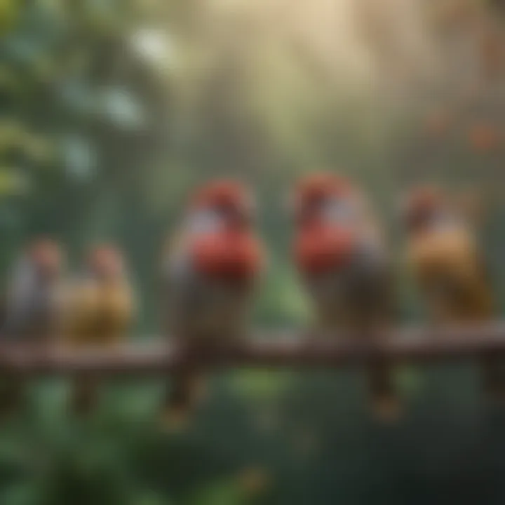 A serene outdoor aviary filled with finches, depicting their social behavior and interactions.