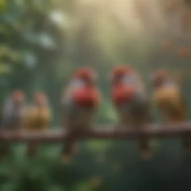 Social Behavior of Finches in an Aviary A serene outdoor aviary filled with finches, depicting their social behavior and interactions.