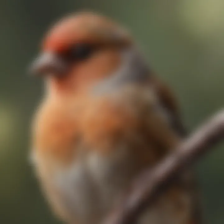 Close-up of a finch perched on a branch, highlighting its intricate feather patterns and charming demeanor.