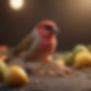 Finch Dietary Needs and Preferences An array of finch food options, including seeds and fruits, emphasizing their dietary preferences.