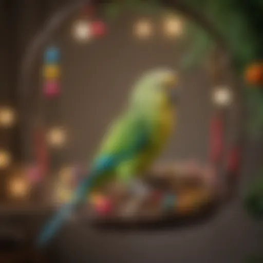 A vibrant parakeet perched on a colorful swing in a well-decorated birdcage