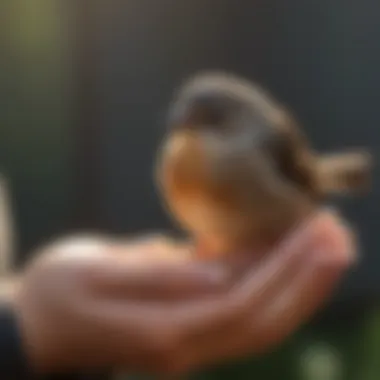 A bird rescue volunteer gently handling a small songbird with care.