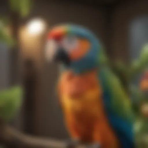 A close-up of a vibrant parrot perched on a branch, showcasing its colorful feathers.