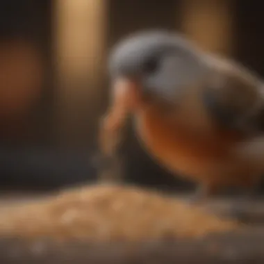 A healthy pet bird pecking at a mix of grains and seeds