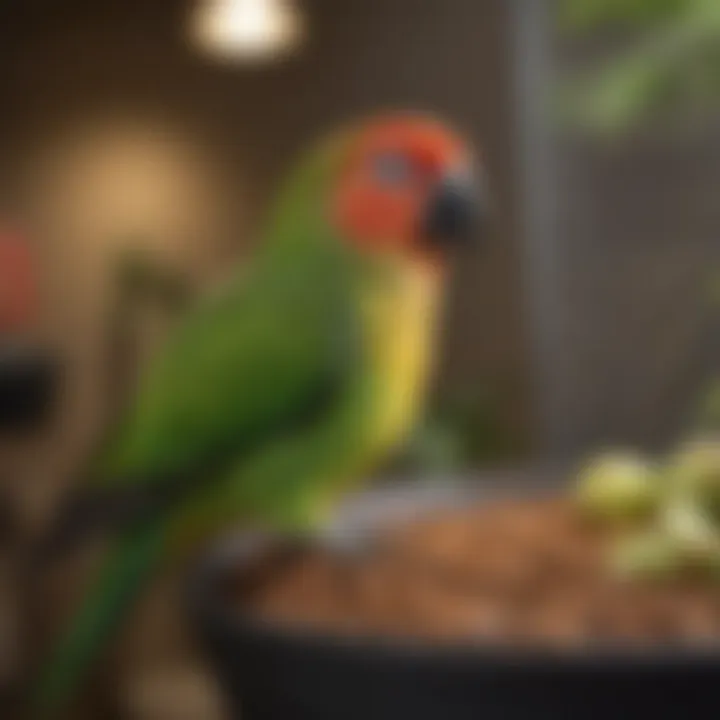 A well-organized cage setup for a green cheek conure, emphasizing the importance of a nurturing environment.