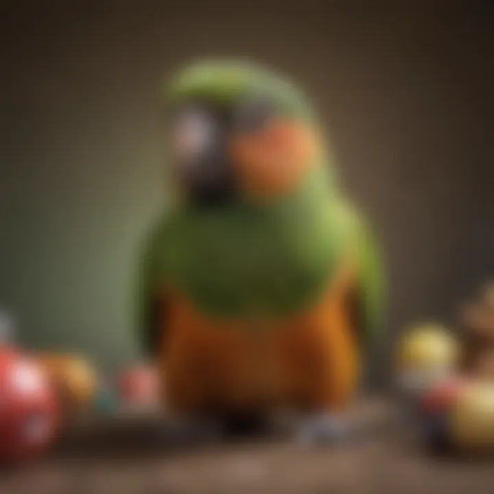 A green cheek conure engaged in playtime with toys, showcasing its playful behavior.