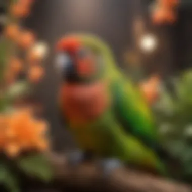 A Green Cheek Conure exploring its colorful habitat