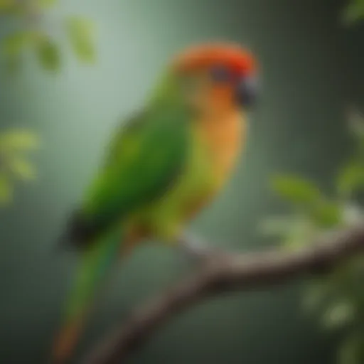 A vibrant Green Cheek Conure perched on a branch