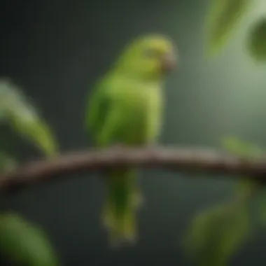 A vibrant green parakeet perched on a branch, showcasing its bright feathers and inquisitive nature.