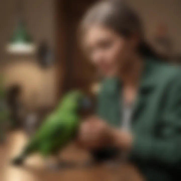 An engaging scene of a green bird interacting playfully with its owner, demonstrating the bond between them.