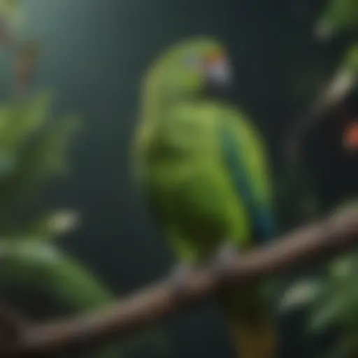 A vibrant green parrot perched on a branch, showcasing its plumage