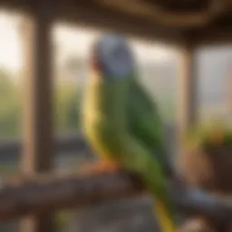 A cozy parakeet perched on a heated perch in a bright aviary