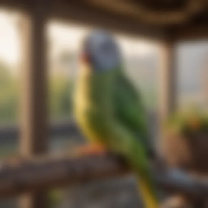 A cozy parakeet perched on a heated perch in a bright aviary