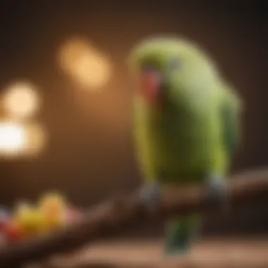 A parakeet enjoying a heated perch while playing with toys around