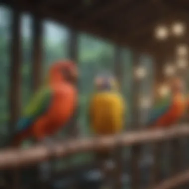 A vibrant array of pet birds in a well-maintained aviary setting.