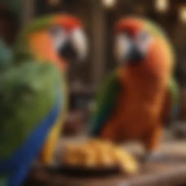 A variety of nutritious food options for large parrots displayed artistically