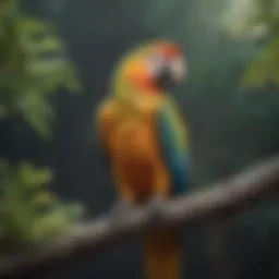 A vibrant parrot perched on a branch with a concerned expression