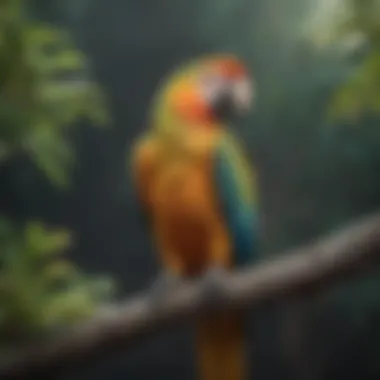 A vibrant parrot perched on a branch with a concerned expression