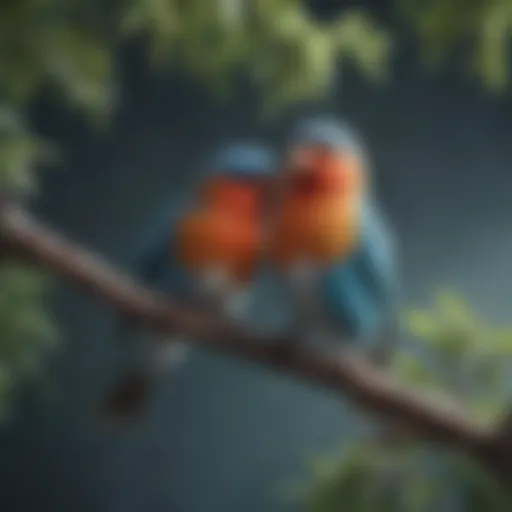 Vibrant love birds perched playfully on a branch