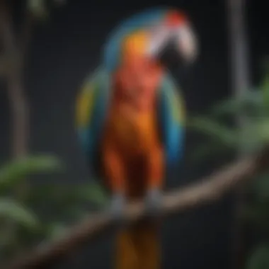 A vibrant macaw perched on a branch showcasing its colorful feathers