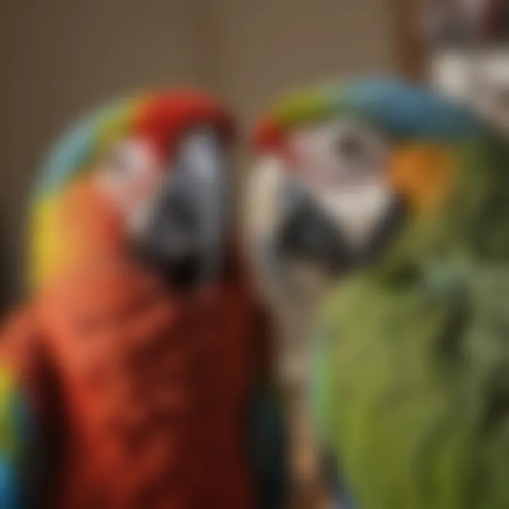 A close-up of a macaw expressing affection and bonding with its caregiver.