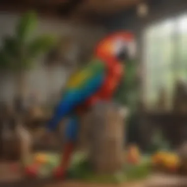 A spacious and enriching habitat designed for a macaw, featuring toys and perches.