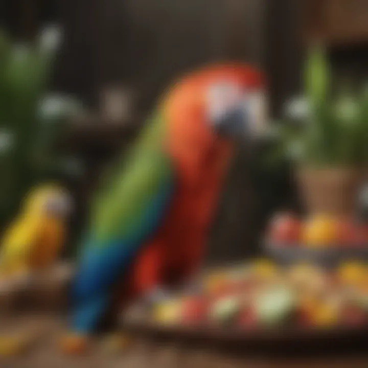 An array of colorful, nutritious foods arranged for a macaw's diet.