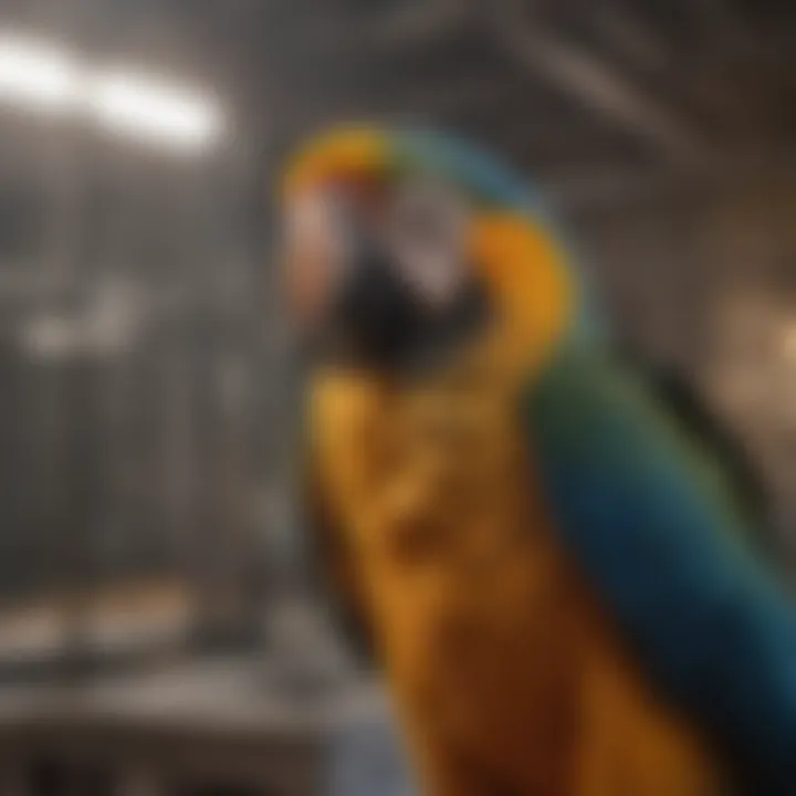 A macaw being securely placed in a transport cage