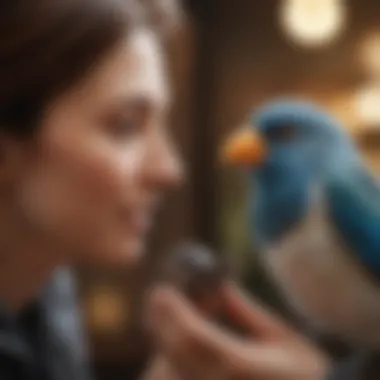 Bird and Caregiver Interaction A close-up view of a pet bird interacting with its owner