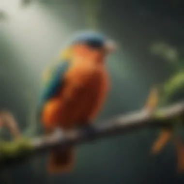 Vibrant Feathers of a Pet Bird A pet bird perched on a branch displaying its vibrant feathers