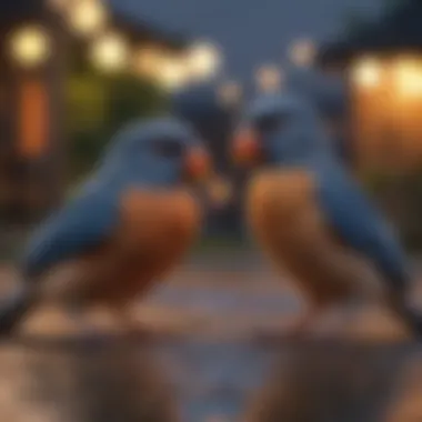 Social Behaviors at Dusk A diverse group of pet birds interacting at dusk, highlighting their social behaviors