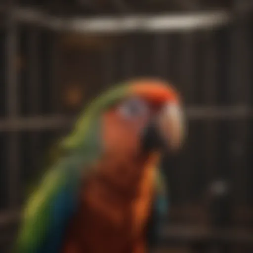 A colorful parrot perched quietly in its cage at night