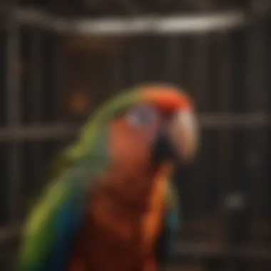 Nocturnal Parrot Behavior A colorful parrot perched quietly in its cage at night