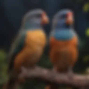 A variety of pet birds showcasing their unique feather colors during dusk.