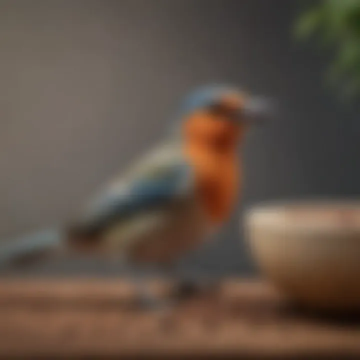 Bird perched next to a bowl of organic pellets