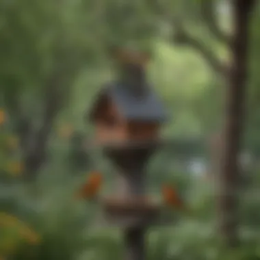 A backyard scene showcasing various bird feeders and houses