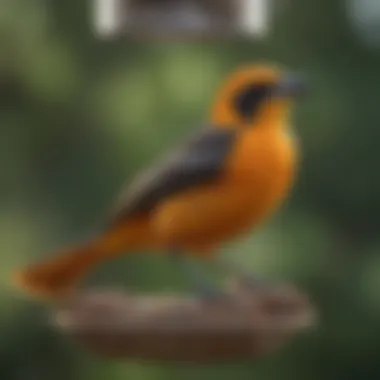 A vibrant oriole perched on the edge of a bird feeder