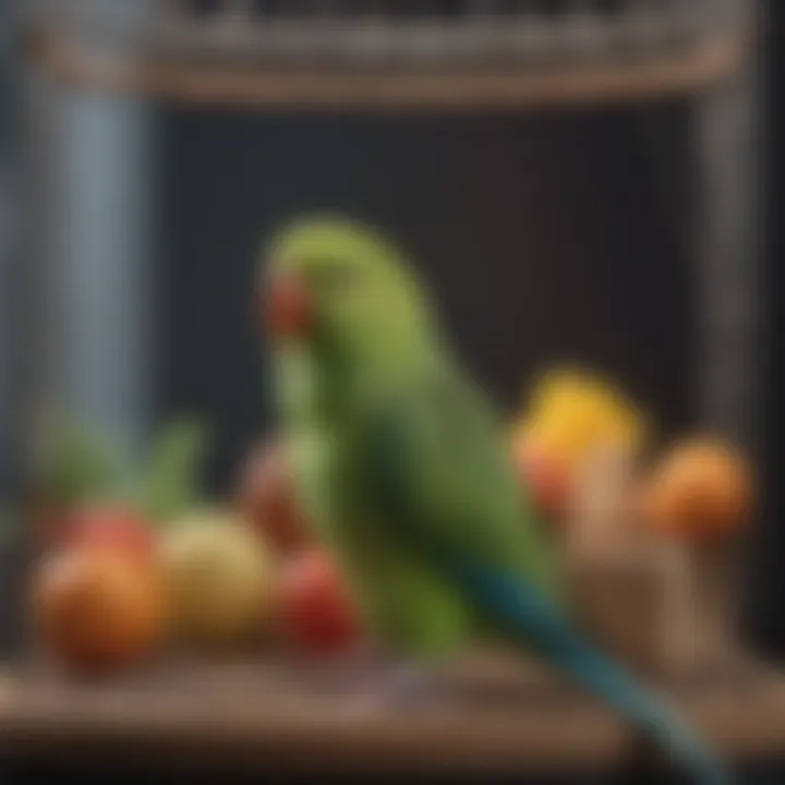 A parakeet in a well-designed cage with toys and accessories