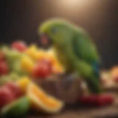 A colorful array of parakeet food and fresh fruits