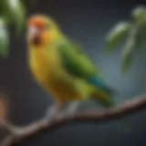 A vibrant parakeet perched on a branch showcasing its feathers