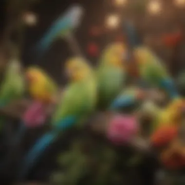 An array of parakeet species in a colorful display