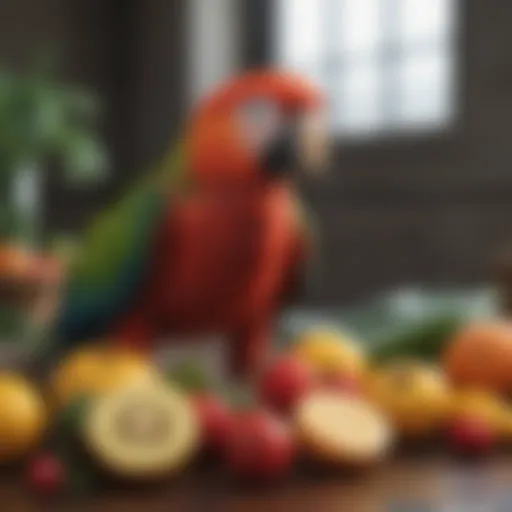 Colorful assortment of parrot-safe fruits and vegetables